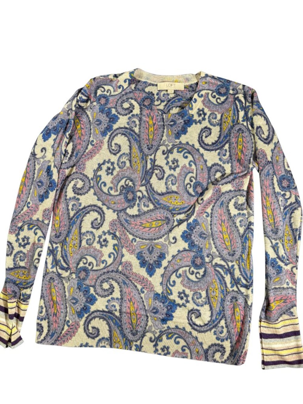 LOFT Womens M Blue Purple Paisley Sweater Rayon Blend‎ Long Sleeve Lightweight